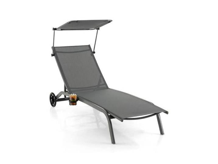 Chaise longue grise en métal avec dossier 6 positions pare-soleil orientable et roulettes pour plage terrasse et jardin