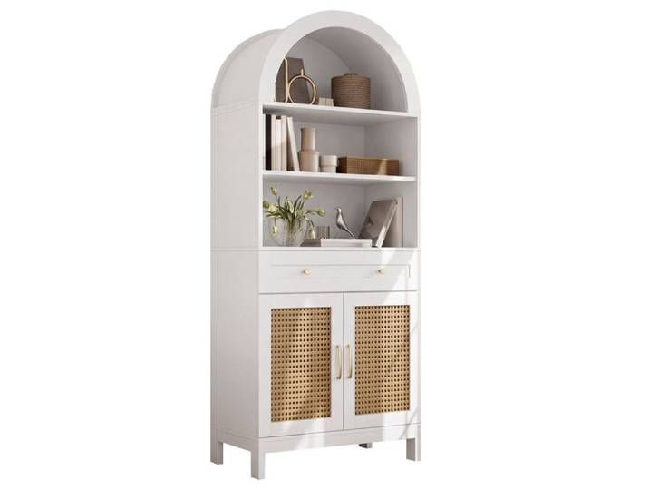 Buffet Cuisine Haut Vaisselier avec Portes en Rotin 3 Compartiments Ouverts 2 Portes 1 Tiroir Haut Armoire de Cuisine Blanc