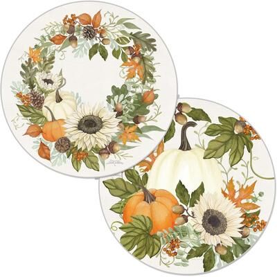 CounterArt Farmhouse Fall Round Reversible Easy Care Flexible Plastic Placemat 4 Pack Made in The USA