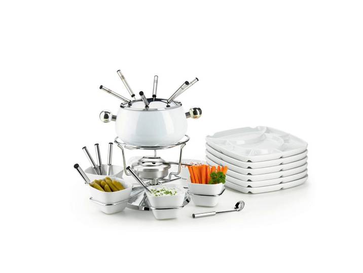 Mäser Fondueset, Weiss, Metall, 28-teilig, 35.5x28x34.5 cm, Spritzschutz mit integrierter Gabelhalterung, Tischgrills & Fondues, Fondue-Sets