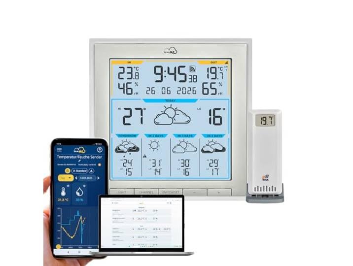 TFA Dostmann Station météo avec capteur ext. wifi TFA.me ID-08\, 35.8105\, prévisions météo de wetter.com pour 5 jours\, portail en ligne\, valeurs max. et min.\, fonction d'alerte\, couleur blanche