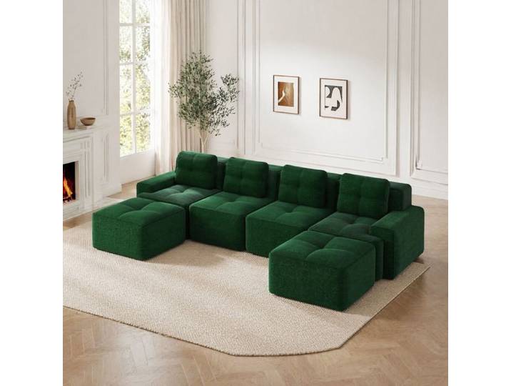 ROVRYN Canape modulaire compresse 4 places en U tissu cotele vert assise profonde 74 cm sans montage