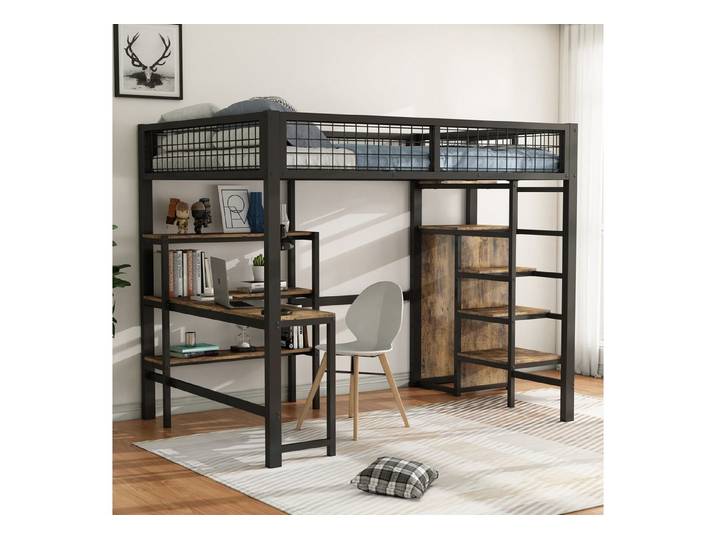 MODFU Kinderbett Metallbett mit Stauraum (Hochbett, Loftbett, aus Metall mit Einbauschrank, 140x200cm), ohne Matratze