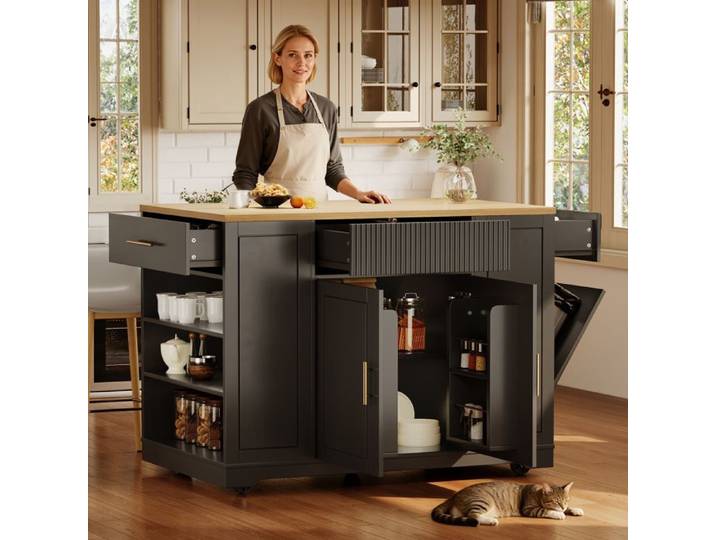 Chariot de Service Noir - 120x50x92 cm - 3 Tiroirs - avec Compartiment pour Poubelle - Îlot de Cuisine Mobile