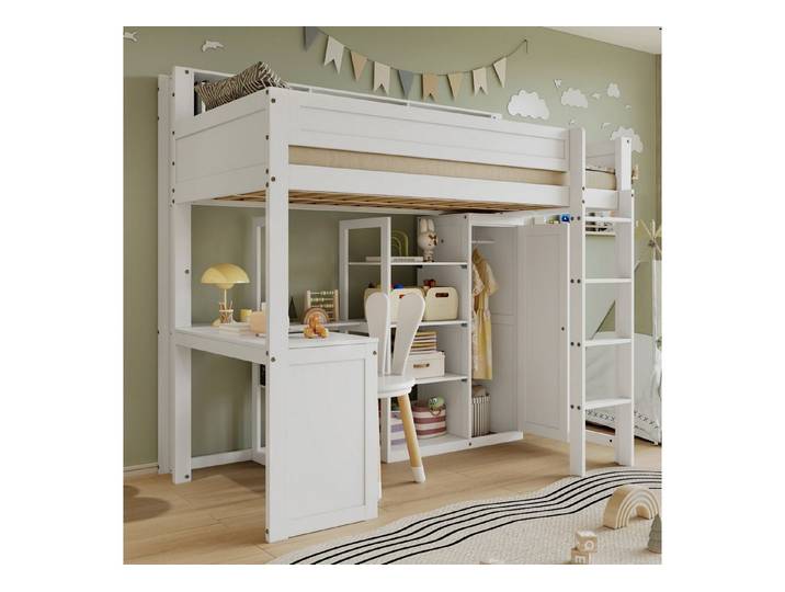 Flieks Hochbett Etagenbett Kinderbett 90x200cm mit Schreibtisch und Kleiderschrank