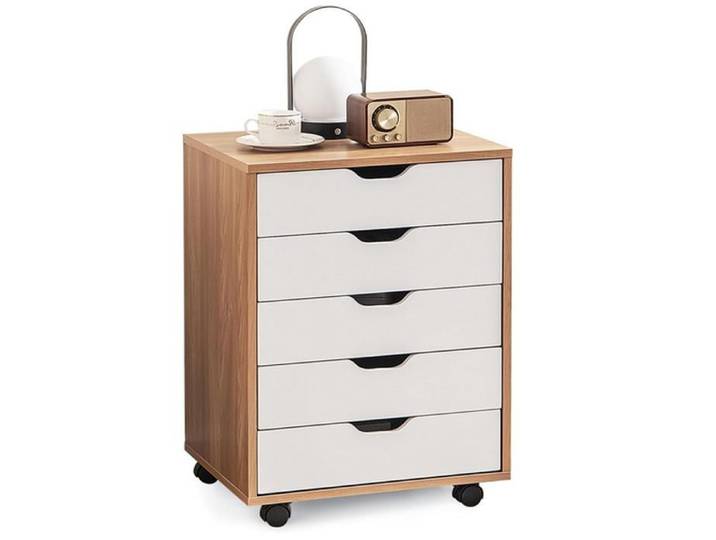 GIANTEX Caisson de Bureau 5 Tiroirs à Roulettes-Commode Meuble de Rangement-Support d'Imprimante-49x 40x 65cm-Blanc+ Naturel