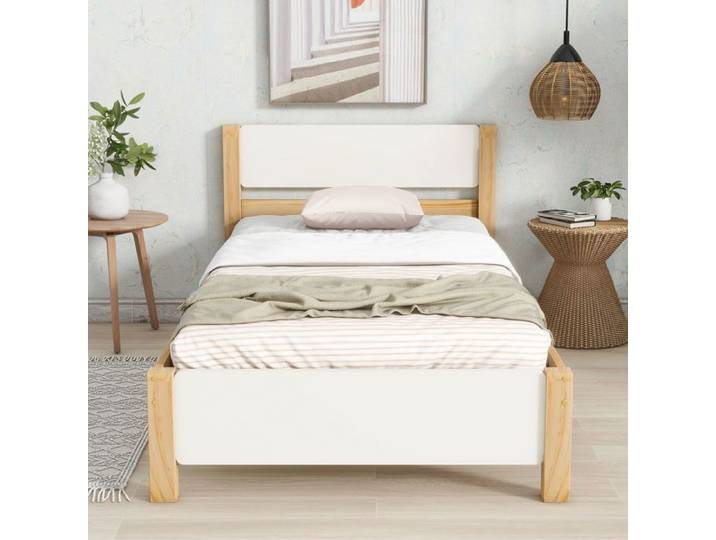 Lit simple - SOGEU - Lit Simple 90x200 cm - Bois de pin - Blanc/naturel - Sommier 15 lattes