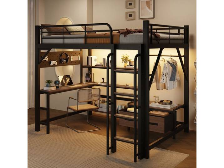 Lit mezzanine multifonction - 140x200 cm - Cadre en acier et MDF - Étagères et tiroirs en tissu - Bureau intégré