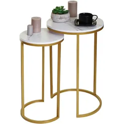 2er-Set Beistelltisch MCW-K46, Kaffeetisch Nachttisch Loungetisch, Marmor-Optik MDF ~ weiß-gold