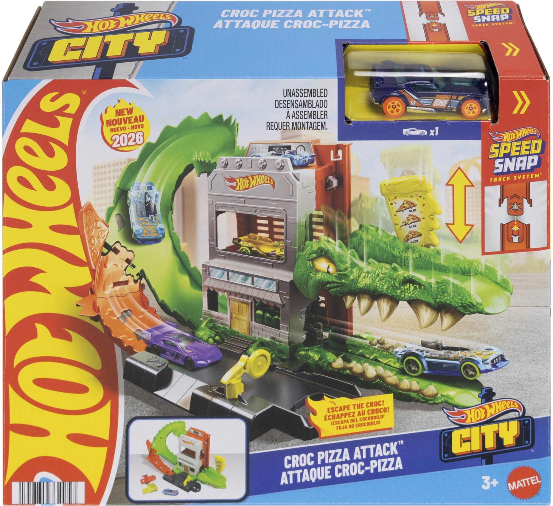 Mattel Hot Wheels City Croc Pizza Attack Playset with 1:64 Scale Car for Kids