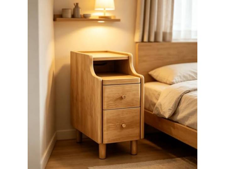 kumamart Nachttisch aus Massivholz, Schmaler Beistelltisch für Schlafzimmer Massivholz Nachttisch mit 2 Schubladen auf Metallschienen und offenem Regalfach.(Wood,11.81in)