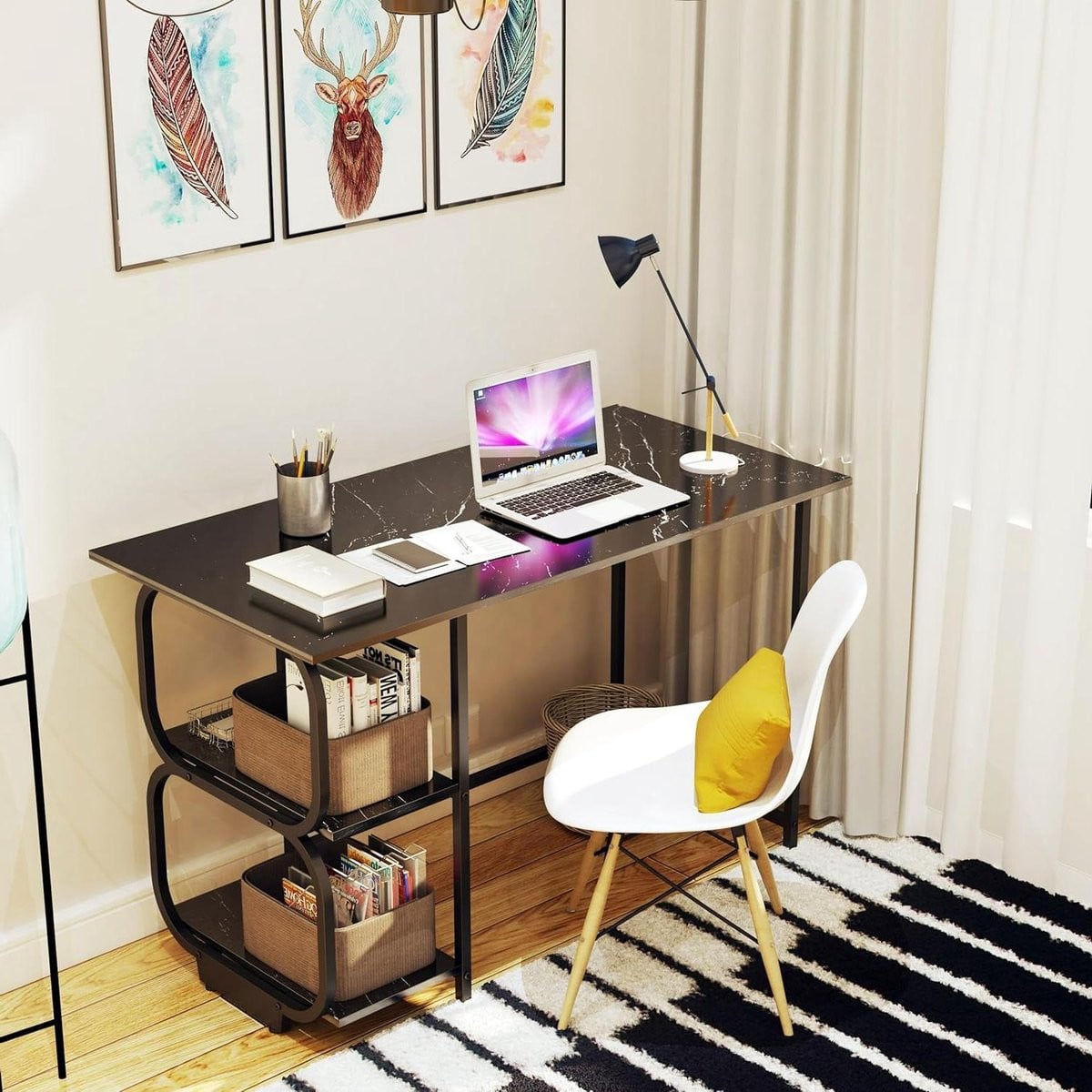 Computer Bureau Schrijftafel Werkstation met Opbergplanken - Breedte: 120 cm - Zwart Marmer