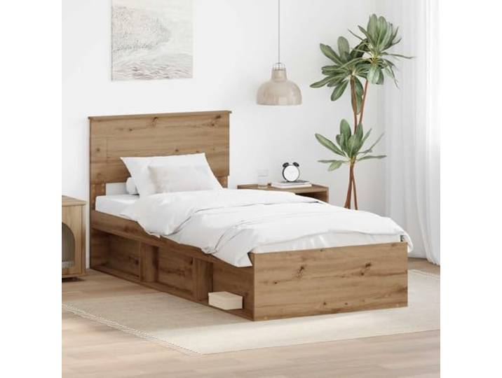 WDGJJFECNMUEHI Holzwerkstoff schlankes Design Bettgestell 75 x 190 cm Braun Bettrahmen Kunsthandwerk Eiche 75x190 cm Holzwerkstoff Bettgestell mit Kopfteil und Lattenrost Modernes Einzelbett Stabil