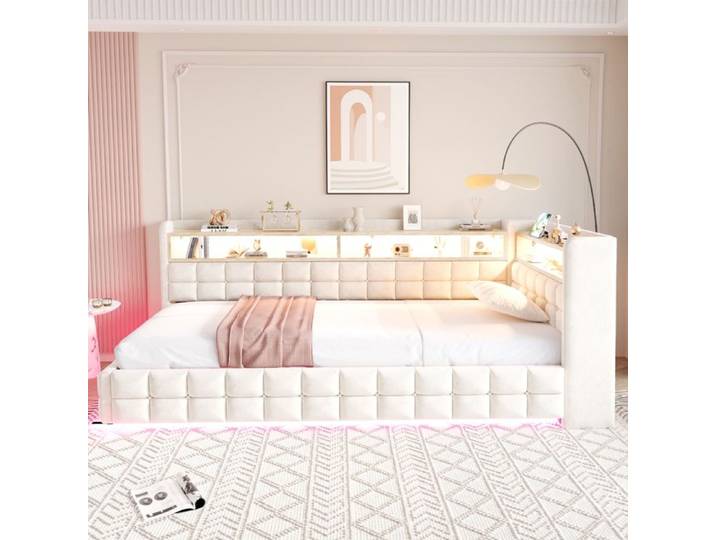Lit banquette - ZEVKOR - Lit banquette multifonction - Rangement hydraulique - LED USB & Type-C - Velours beige