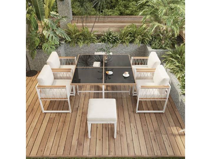 Ensemble de table et chaises d\\\'extérieur 6 personnes avec table en verre trempé Salon de jardin protection solaire avec coussin