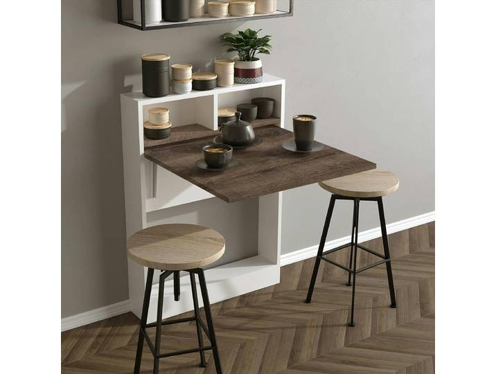Table murale pliante effet bois foncé avec niches MARFA