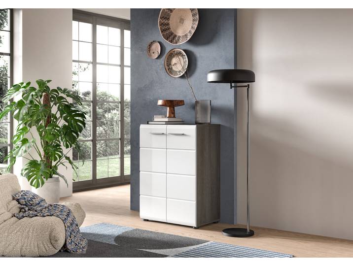 Kommode HOME AFFAIRE Rumba, Breite 60cm, in Rauchsilber Nachbildung/ Weiss Hochglanz , grau (rauchsilber nachbildung, weiß hochglanz tiefzieh), B:60cm H:85cm T:37cm, Sideboards, Kommode, Kommode, Sideboard, Schrank