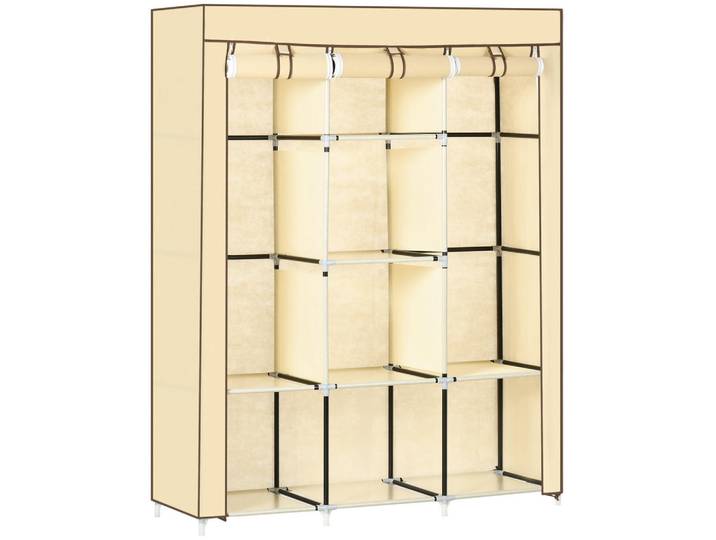Homcom Stoffschrank, Faltschrank, Kleiderschrank mit Kleiderstangen, 8 Ebenen Beige, Metall, 43x162.5x125 cm, Schlafzimmer, Kleiderschränke, Schrankzubehör