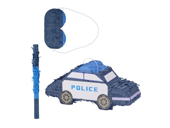 Relaxdays Pinata Blau Polizeiauto 3-tlg.-Set, Dunkelblau, Wellpappe, Papier, 50x22x16 cm, Dekoration
