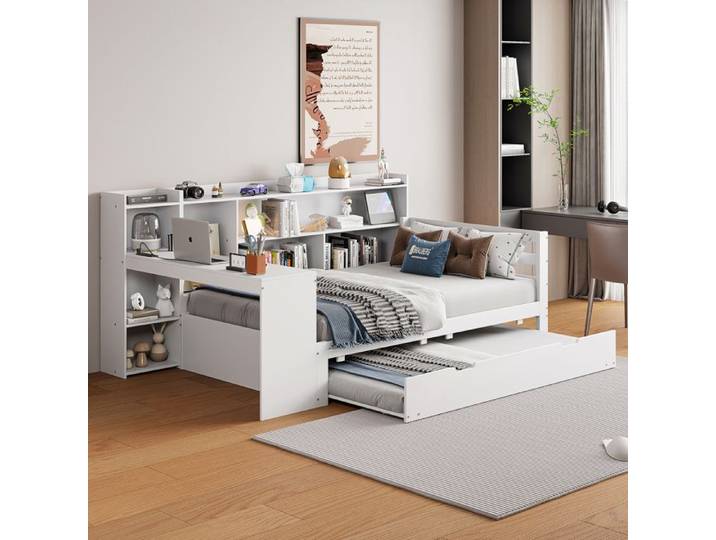 Lit combiné - ZEVKOR - 90×200 - Bureau intégré - Étagères latérales - Lit gigogne