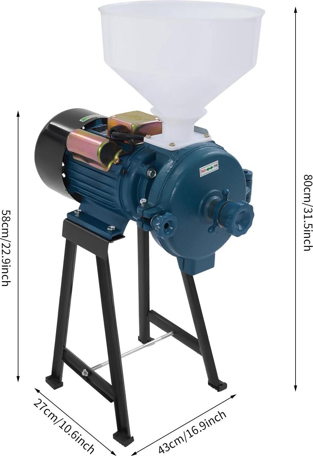 Elektrische Getreidemühle - Mehl- und Maismühle - 2200 W - 220 V - 1400 U/min - Für trockene Getreide und Bohnen - Mit Trichter - Blau