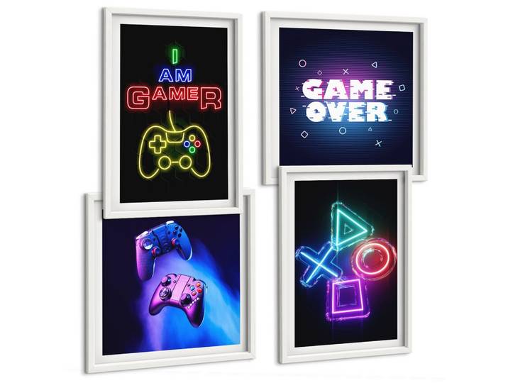 BILDER SET 4er Set - 50x50 cm & 40x60 cm Weißer Rahmen - Gamepads, Spielersymbol-Untertitel