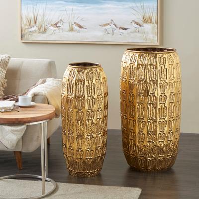 ARCILLA ELEMENTAL Gold Metal Tall Vase with Grooved Patterns (Set of 2)