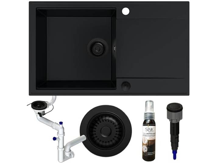 SINK QUALITY Spülbecken Alles Schwarz - Spülbecken Schwarz 78x46 cm - inkl. Knopfdruck Siphon PUSH schwarz und Imprägnieren - Einbauspüle für 60er Unterschrank - Küchenspüle mit Abtropffläche