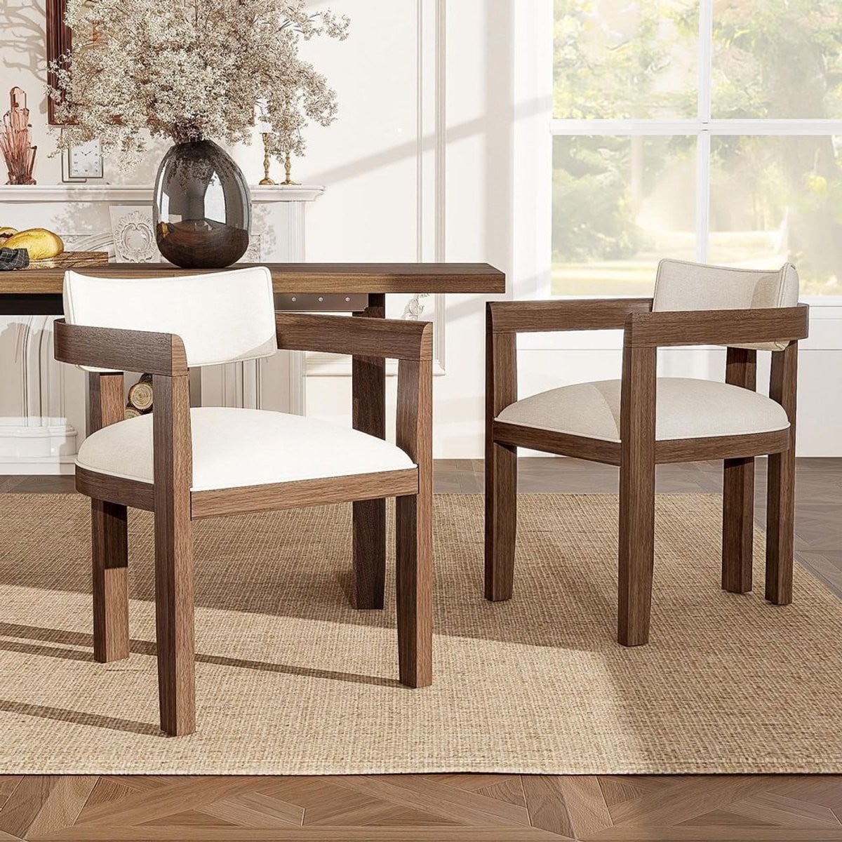 KOMHTOM Set van 2 massief houten eetkamerstoelen met linnen stof in walnootkleur