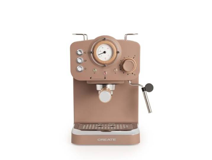 CREATE / THERA RETRO/Halbautomatische Kaffeemaschine Mokka Matt und Holz / 20bar Druckpumpe, 1100W, 1.25L Wasserbehälter, für gemahlenen Kaffee, 55mm ESE-Pads, mit Dampfgarer, 1100W