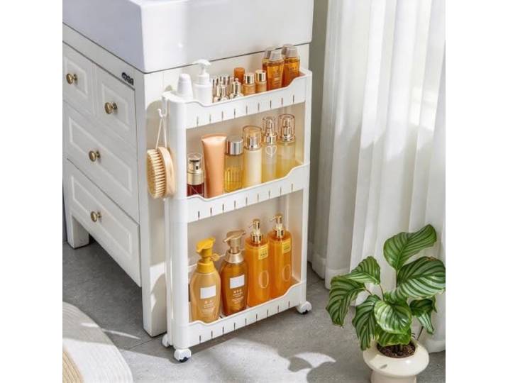 Schmaler Rollwagen Mit 3 Ebenen, Mobiler Nischenregal Organizer, 10cm Breit Platzsparendes Design, 10cm Schmale Nische, Robuste Kunststoffkonstruktion, Flexibel(3Tiers-45*10*73CM)