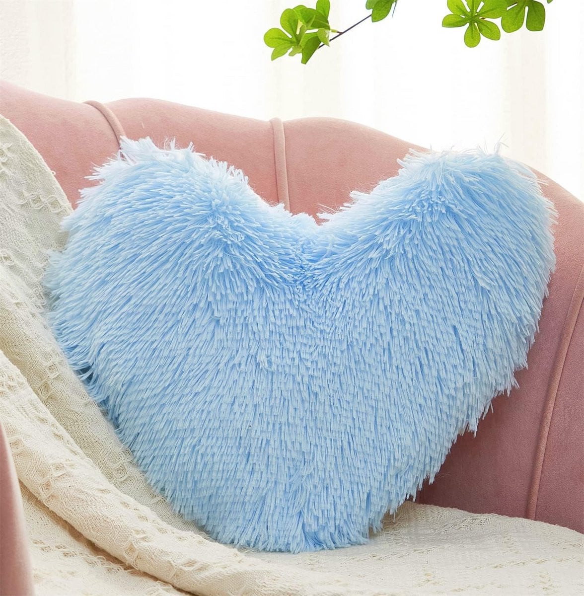 Blauw Pluizig Sherpa Hartkussen voor Bank en Bed 40 x 40 cm