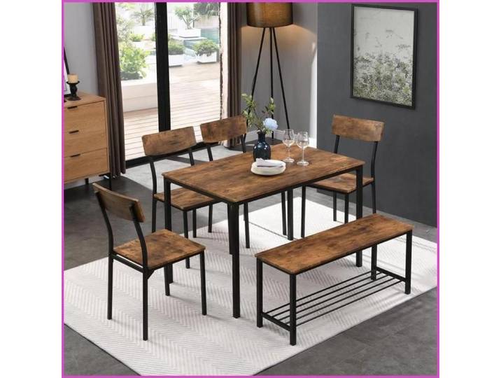 Set Table de Cuisine + 4 Chaises + Banc - Style Industriel Marron - Structure Acier