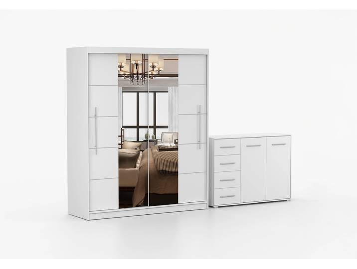 Schwebetürenschrank und Kommode 2er-Set TORINO III/FRIDA 01 Weiß Weiß + Spiegel