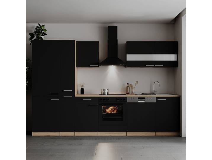 Küchenzeile Merle V 310cm Schwarz/Schwarz Glaskeramik ohne Elektrogeräte
