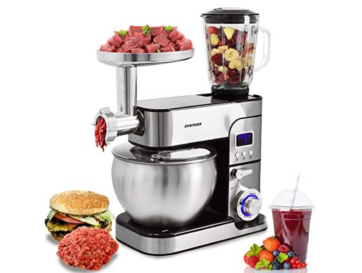 Syntrox Germany KM-1300W de Luxe Nice Küchenmaschine Knetmaschine Mixer, Fleischwolf, LCD Display, Edelstahlschüssel 7 Liter in Rot und Schwarz (Schwarz)