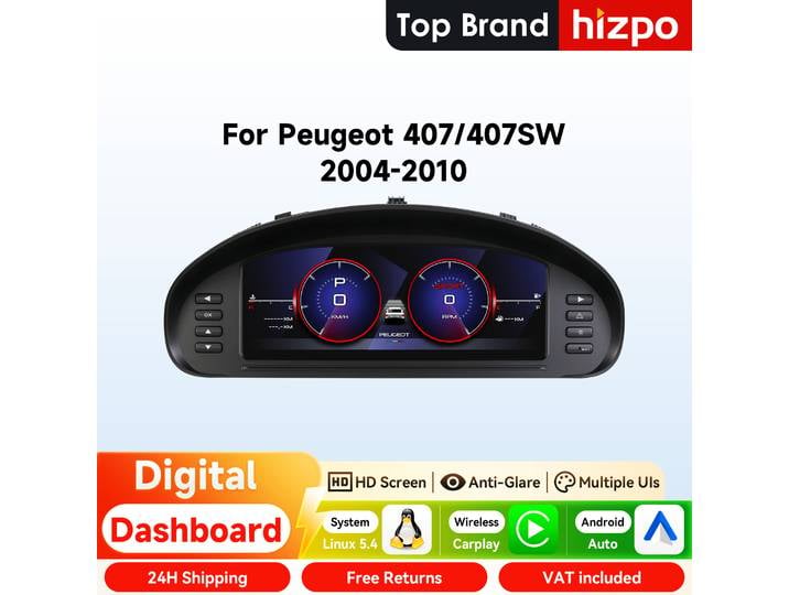 Afficheur numérique Hizpo 10,25 pouces pour Peugeot 407 407SW 2004 - 2010, écran LCD, cockpit virtuel, Android Auto, sans autoradio
