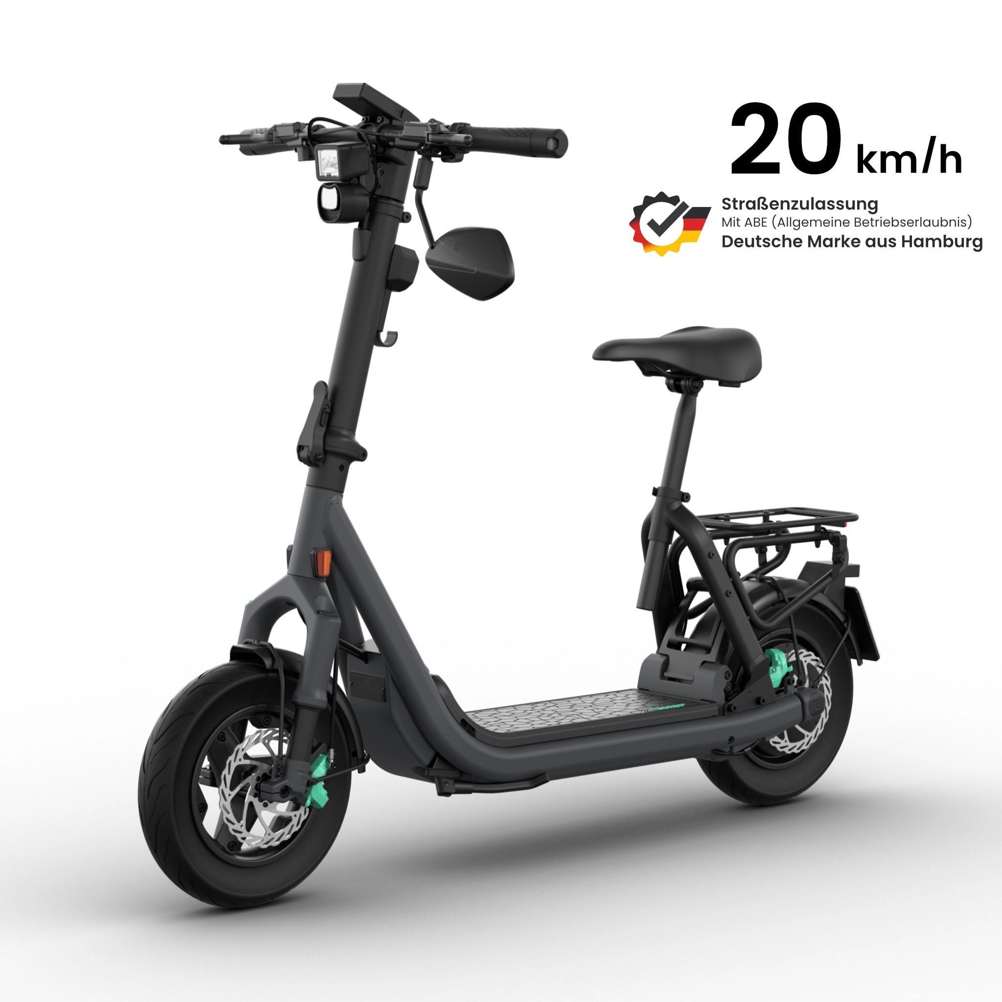 EGRET E-Roller mit Sitz & Straßenzulassung, max. 20 km/h, 13" Offroad Luftreifen, Apple Find My, 2x Federung, Dualblinker, App, Gepäckträger - GTc