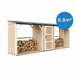 BRENNHOLZLAGER doppelt mit Geräteraum 6,49 m2, zwei Brennholzbereiche mit insgesamt ~8,8 m3 Fassungsvermögen