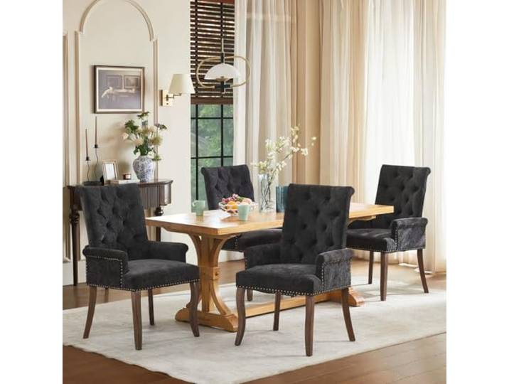 SoarFlash 4er Set Chenille-Sessel Schwarz, Modernes Knopftuft-Design Weiches strapazierfähiges Chenille-Gewebe, stabile Massivholzbeine. Eleganter Stil für Wohn-, Ess- und Schlafzimmer.