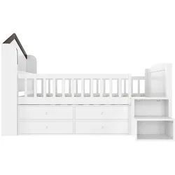 MODFU Halbhohes Bett aus Kiefernholz/MDF/Sperrholz in Weiß, 90x200 cm, mit LED-Beleuchtung, 4 Schubladen und Regalleiter