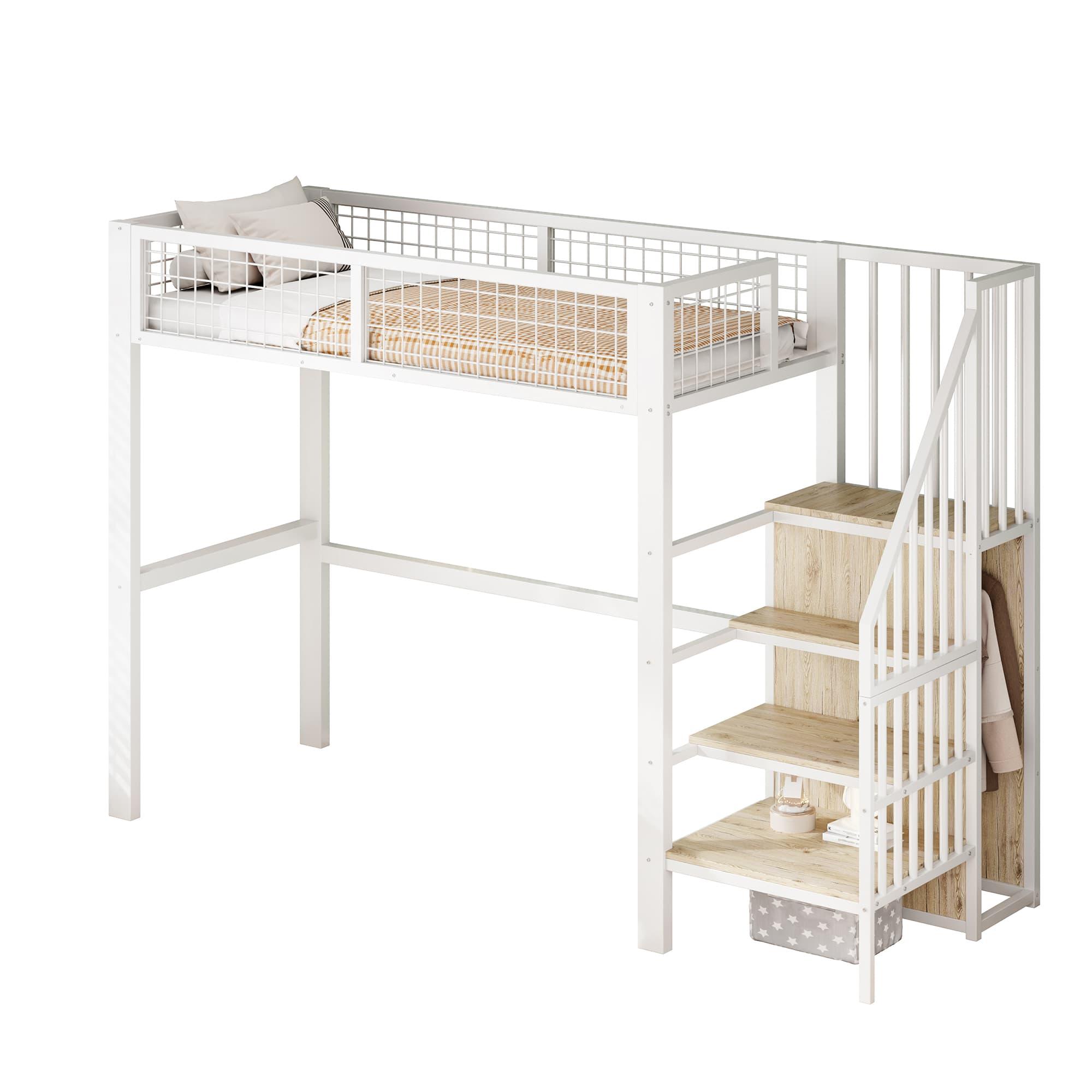 Hochbett,Etagebett(Weiss) mit Leiter, Kinderbett mit Eisenrahmen und Aufbewahrungsregal, Kleiderschrank