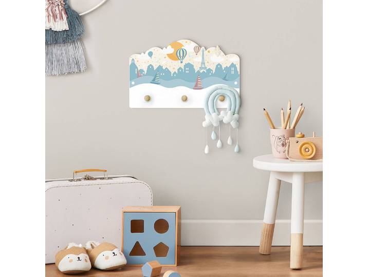 Patère enfants Paris et étoiles 40 x 25 x 1cm Blanc/Bleu