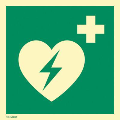moedel Hinweisschild „Automatischer externer Defibrillator AED“, EN ISO 7010, Leuchtklasse C, 160 mcd/m², bis 20 m, L 200 x B 200 mm, Kunststoff, grün
