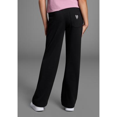 Sweathose KIDSWORLD "Sweathose mit weitem Bein und Stickerei", Mädchen, Gr. 170, N-Gr, schwarz, angeraute Sweatware, Obermaterial: 60% Baumwolle, 40% Polyester, bestickt, loose fit lang, Hosen Sweathose, Weite Sweathose mit Herz-Stickerei, Must-Have...