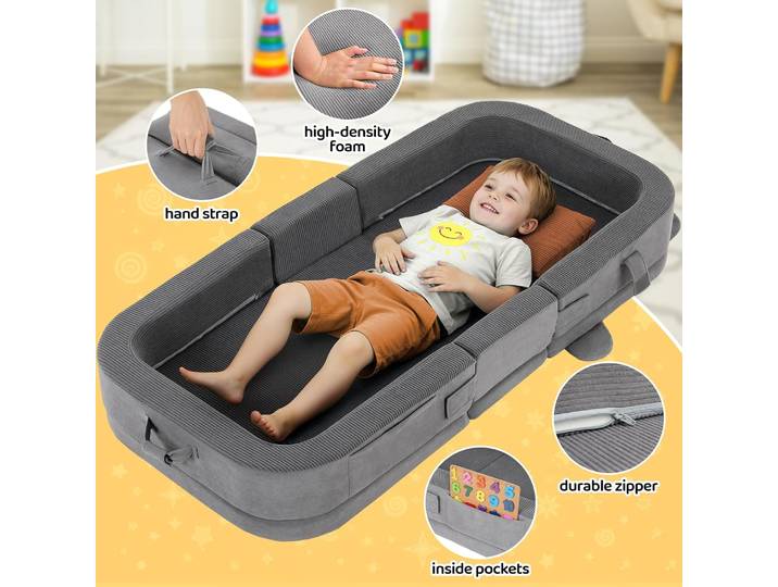 Lit de voyage pour tout-petit, lit de sol pliable et portable pour tout-petit avec mousse souple pour bébé et enfants âgés de 1 à 4 ans, housse lavable, lit de voyage