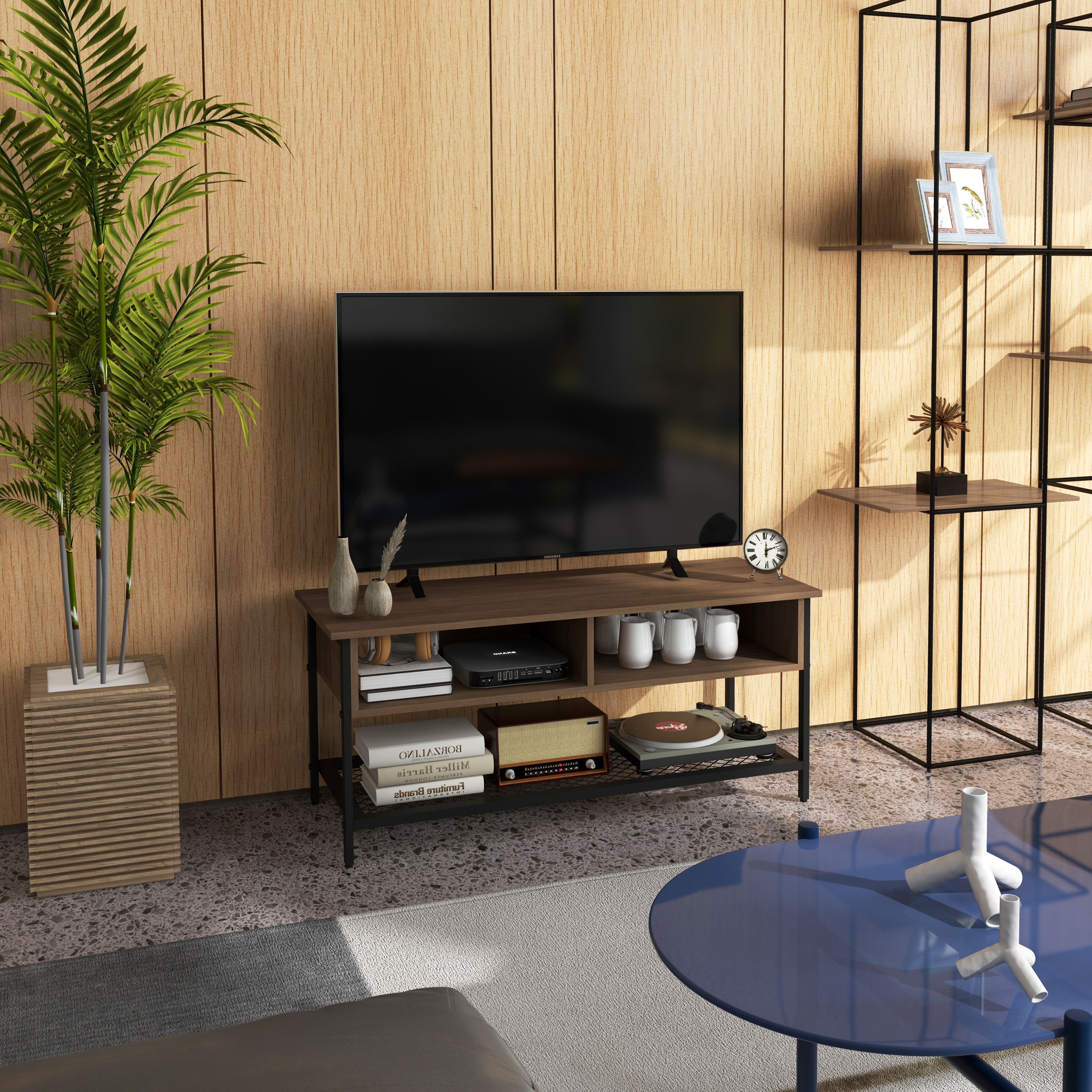 Homcom Mobile Porta TV 48" Max, Stile Industriale, Legno e Acciaio, 110x40x48cm - Marrone e Nero Aosom
