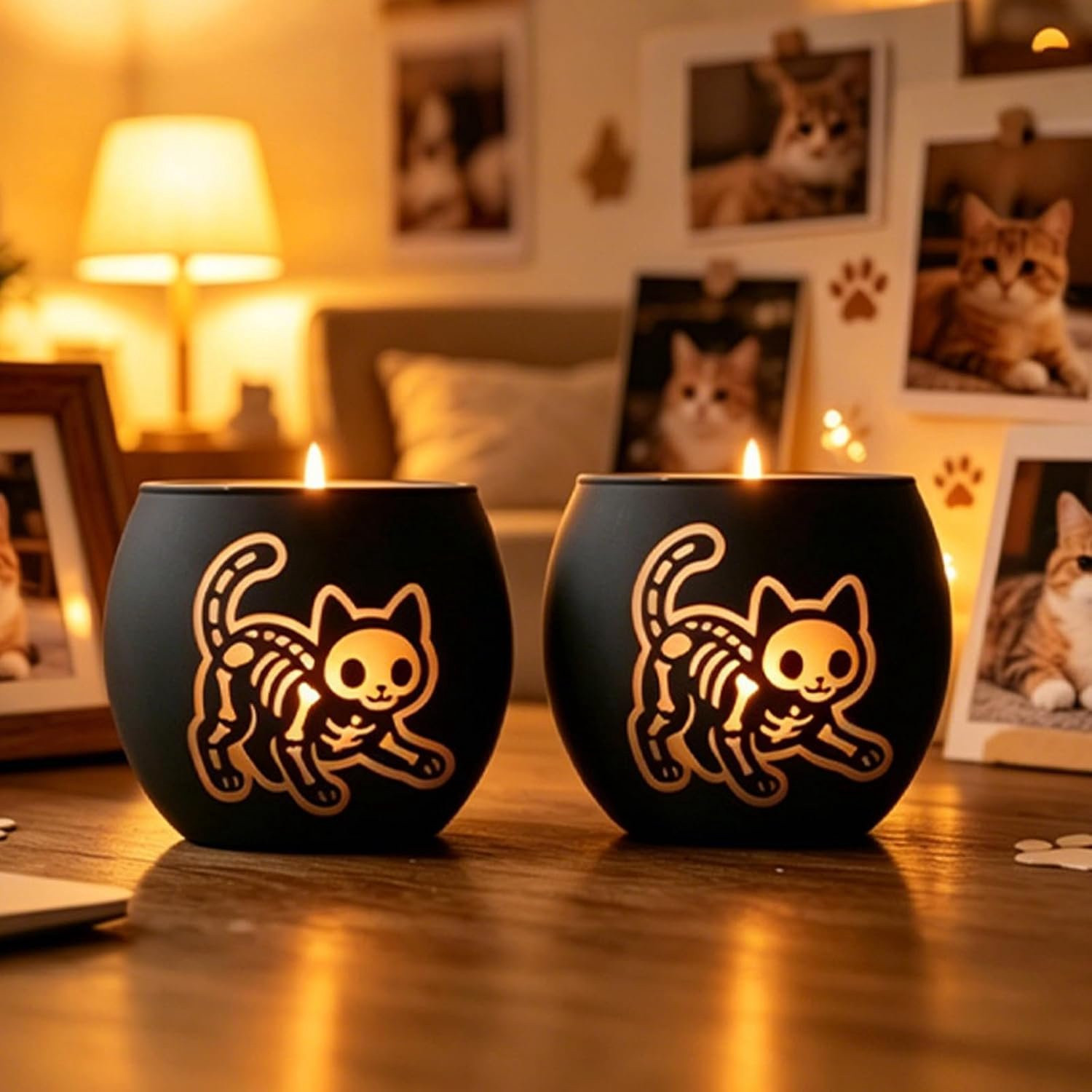 Solidchoice - Set van 2 Zwarte Kat Schedel Theelichthouders voor Halloween