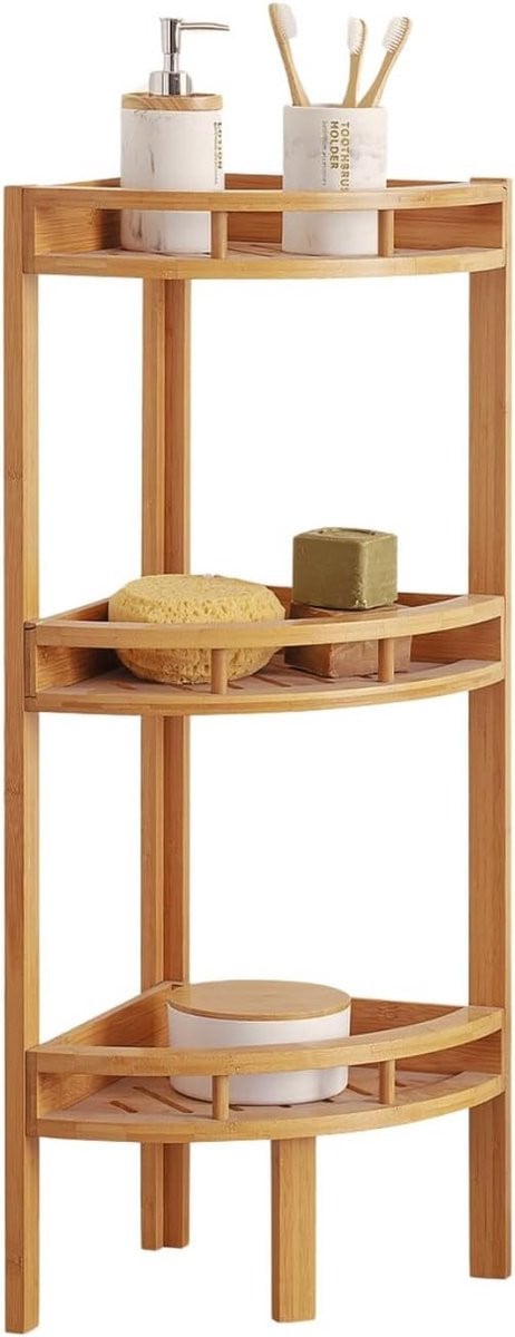 Hoekplank met 3 niveaus van bamboe voor de badkamer