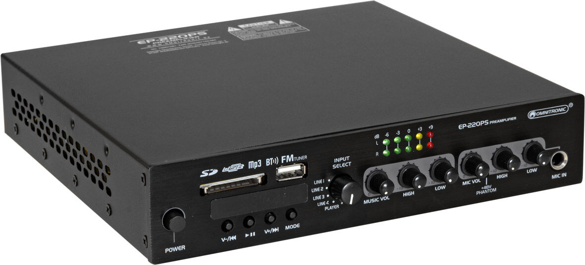 Omnitronic Ep-220ps Vorverstärker Mit Mp3-Player, Bluetooth Und Fm-Radio 9.5" -B-Stock-